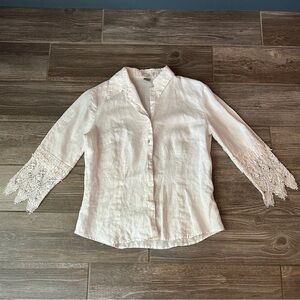 Vintage Peter Martin 100% Linen Button Down with Lace Details, size‎ 6/medium